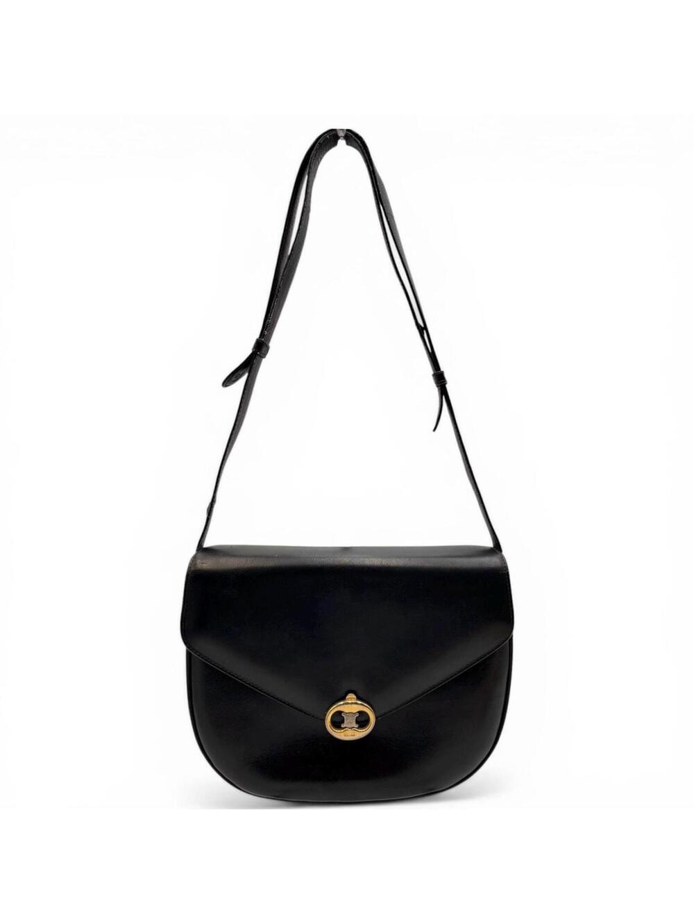 Celine Vintage Black Leather Triomphe Shoulder Bag